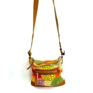Fossil Multicolor Patchwork Print Canvas Medium Crossbody Bag Purse Brown Trim